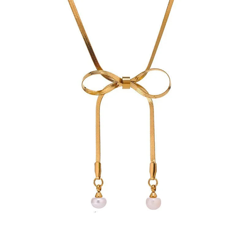 Fashion Vintage Mesh Metal Rhinestone Dainty Minimalist Bow Chain Necklace Waterproof Stainless Steel Gold Silver for Women