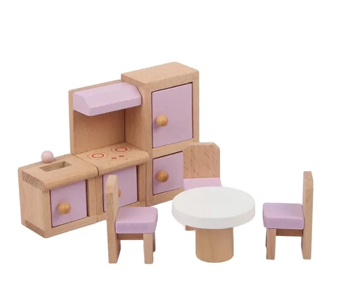 2025 Girl Pink Pretend Children Wooden Doll House Miniature Furniture