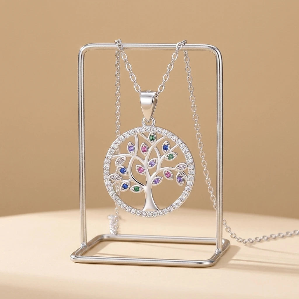 Hot Selling Fashion Women 925 Sterling Silver Colorful CZ Crystal Chakra Tree of Life Pendant Necklace