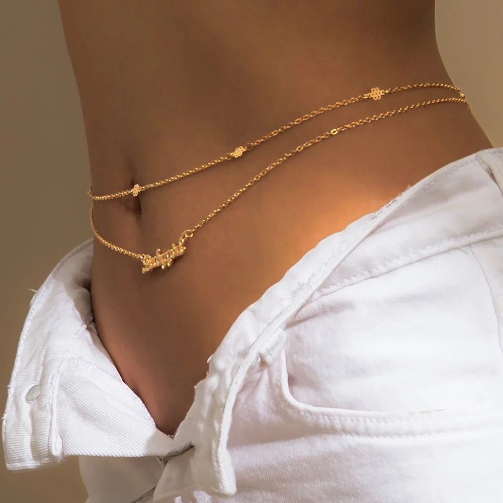 2pcs a Set Metal Brass Alloy Babygirl Charm Metal Belly Waist Ring Chain Jewelry Belly Chain Body