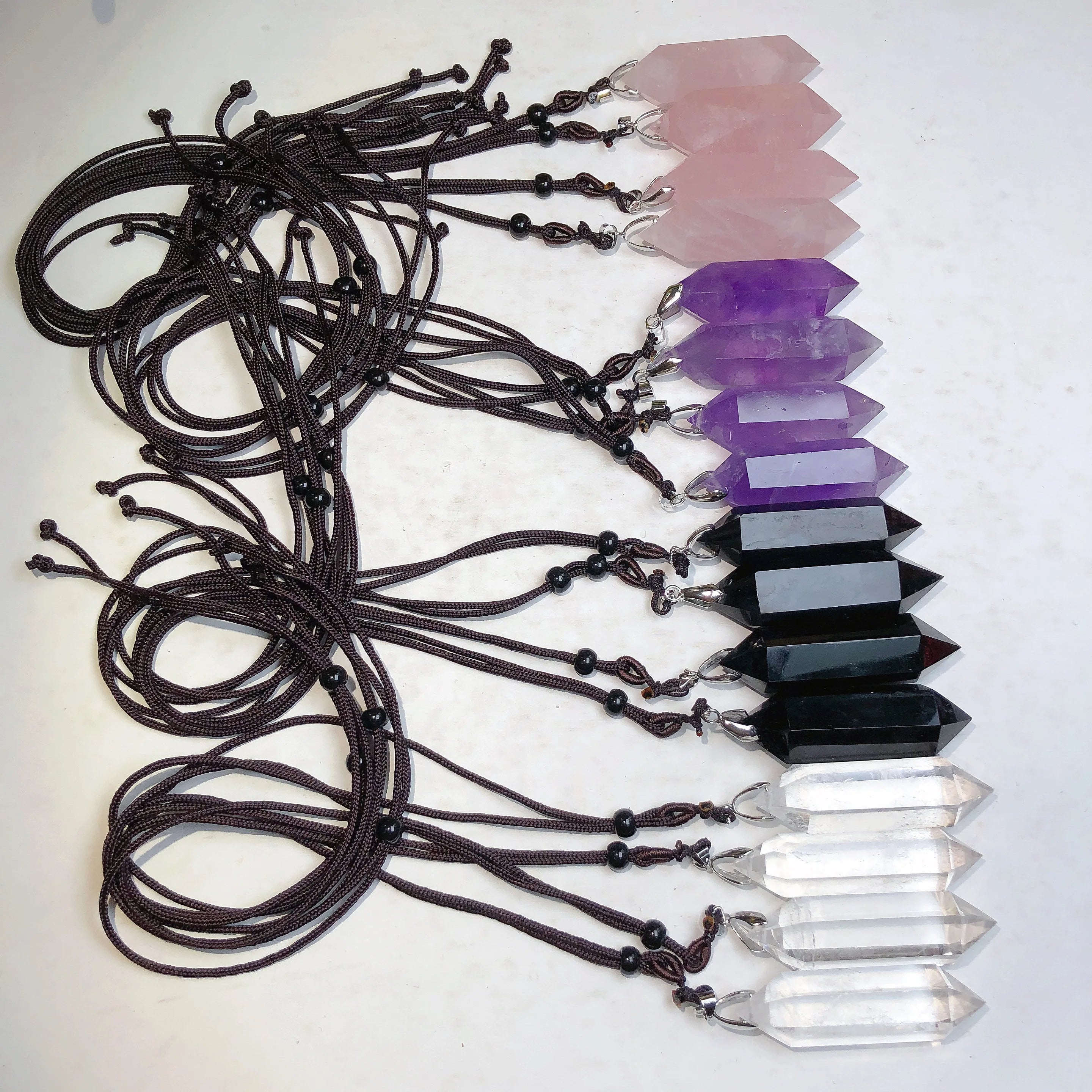 Natural Stone Healing Reiki Chakra Hexagonal Pointed Necklace Amethyst Quartz Double Crystal Point Pendant