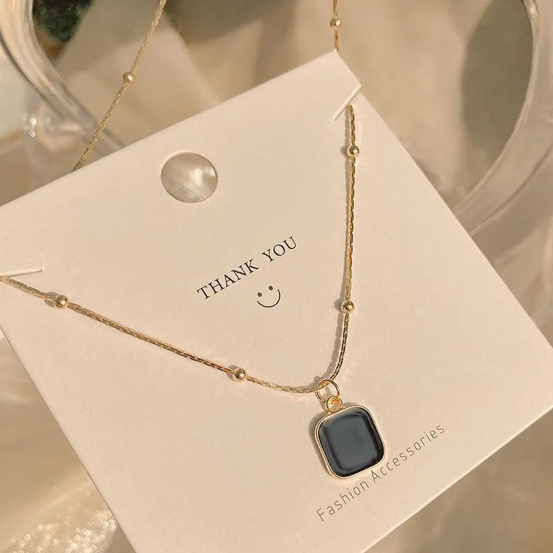 SC New Trendy Dainty Gold Plated Necklace Inspired Black Square Pendant Necklace Stainless Steel Necklaces for Women Jewelry