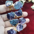 Adjustable Fine Fashion Jewelry Rings Gold Plated Natur Multi Color Fluorite Raw Stone Rings for Gift