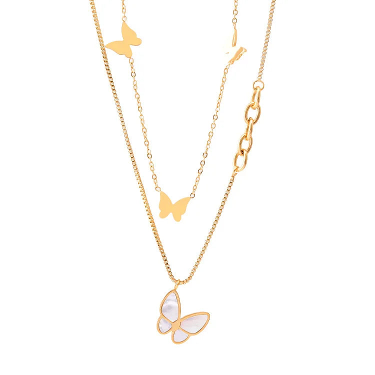 Fashion Chic Titanium Stainless Steel 18k Gold Plated Double Layers Shell butterfly Layered Charm Necklace Jewelry