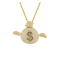 JINSE Brass Gold Plated Micro Paved Cubic Zircon Diamond Dollar Sign Money Bag Pendant Necklace Rope Chain