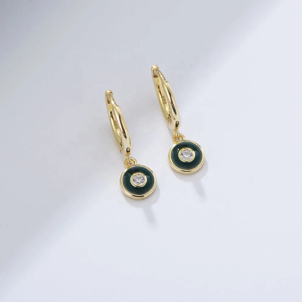 Elegant Simple Enamel Round Eye Drop Jewelry Psj 925 Sterling Silver 14k Gold Plated CZ Cubic Zirconia Huggies Earrings