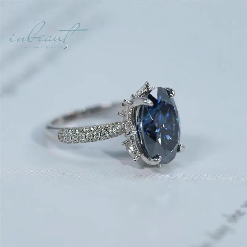Silver 925 Original 8 Carat Brilliant Cut Diamond Test Past Sparkling Blue Oval Moissanite Wedding Ring for Women Fine Jewelry