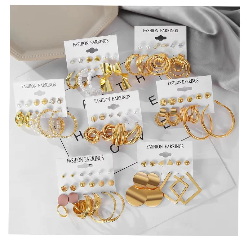 VKME Punk Retro Style Trend Big Geometric Statement Metal Drop Hoop Earrings Set for Women Jewelry