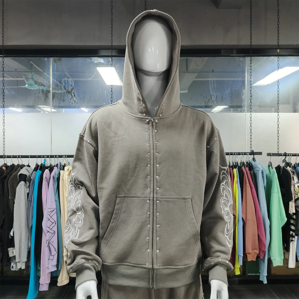 Custom Oversized Heavyweight Vintage Wash Embroidery Rhinestone Boxy Zip up Hoodie for Men