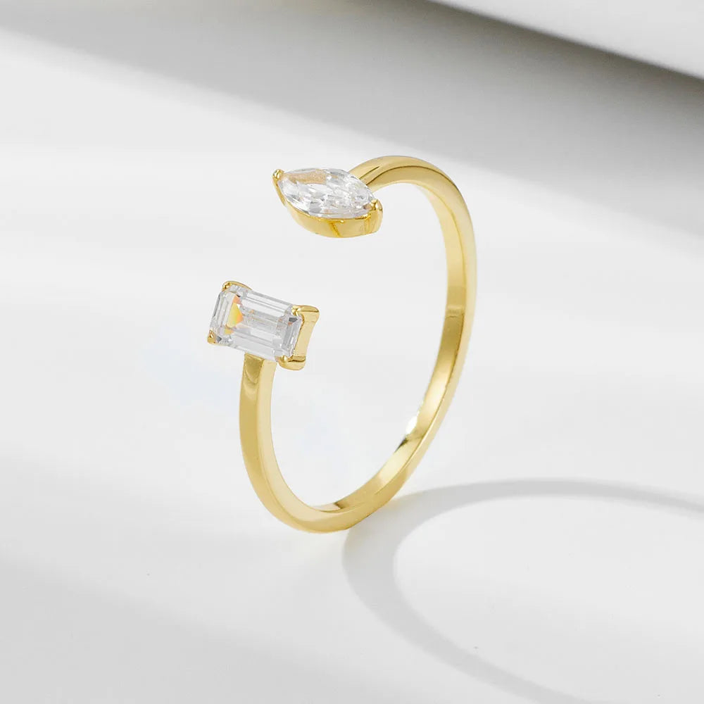Fashion Personality 925 Sterling Silver Geometric Zircon 14K Gold Plated Open Adjustable Ring for Women Jewelry