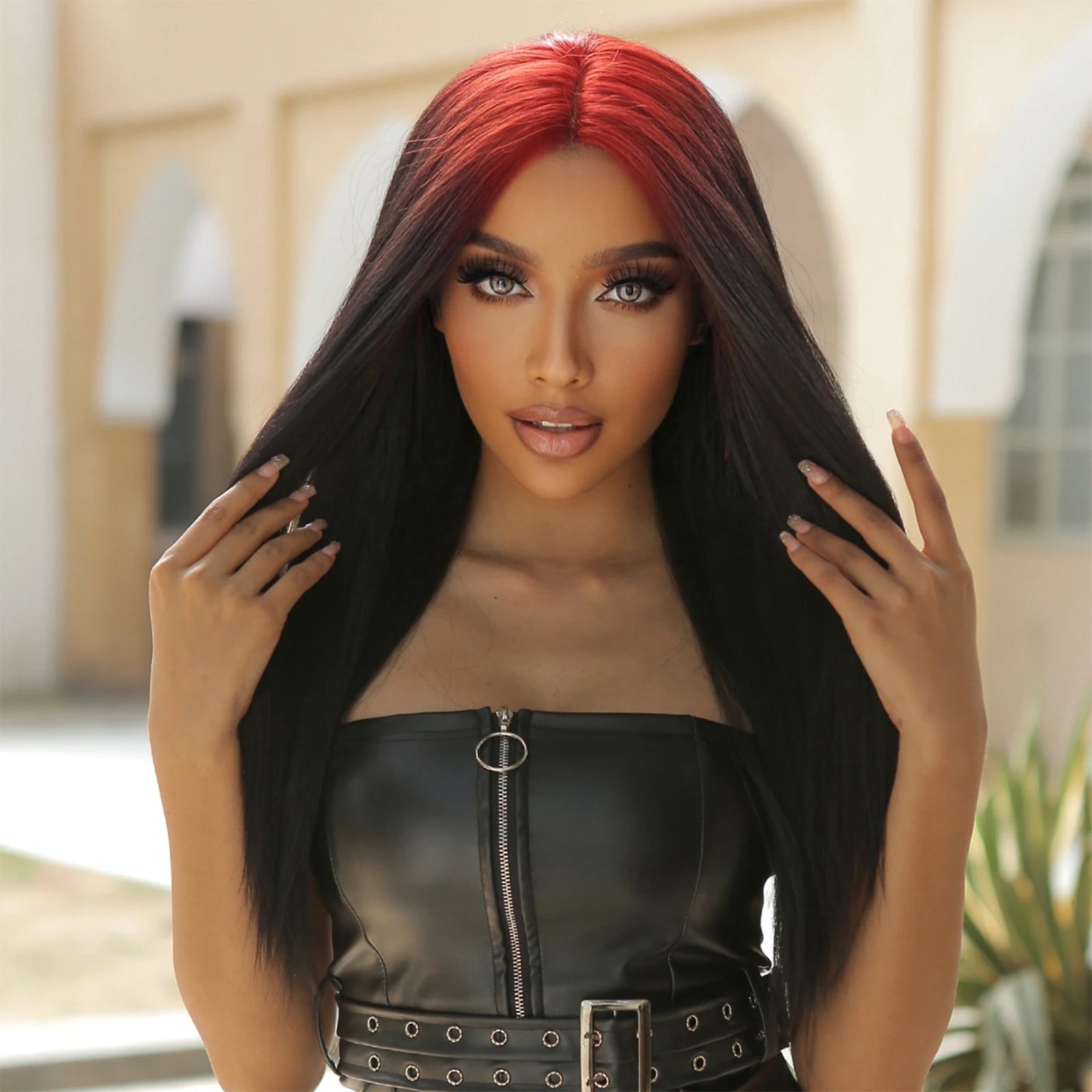 Future Fibers Ombre Red to Black Synthetic Lace Front Wigs Natural Long Straight Wig for Women Daily Party Cosplay