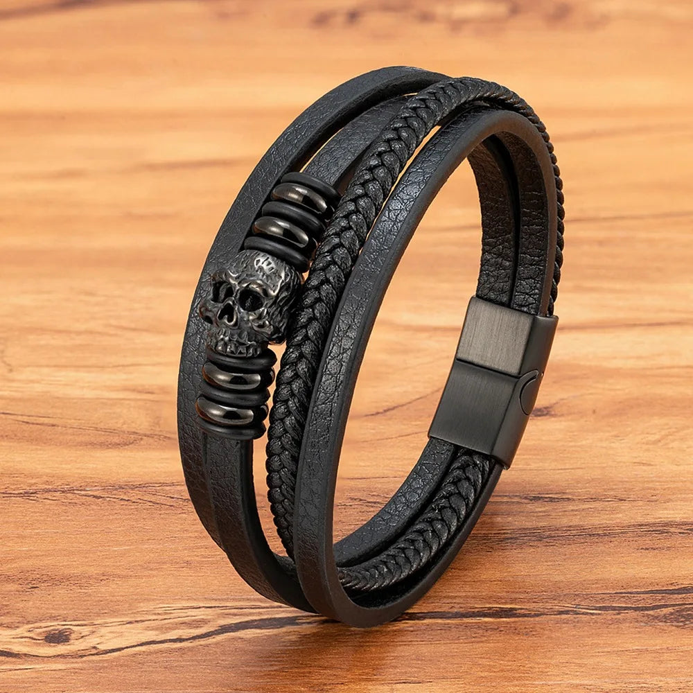 Vintage Genuine Leather Bracelet for Men With Stainless Steel Magnetic Clasp Bangle Classic Design Multi Layers Bracelet