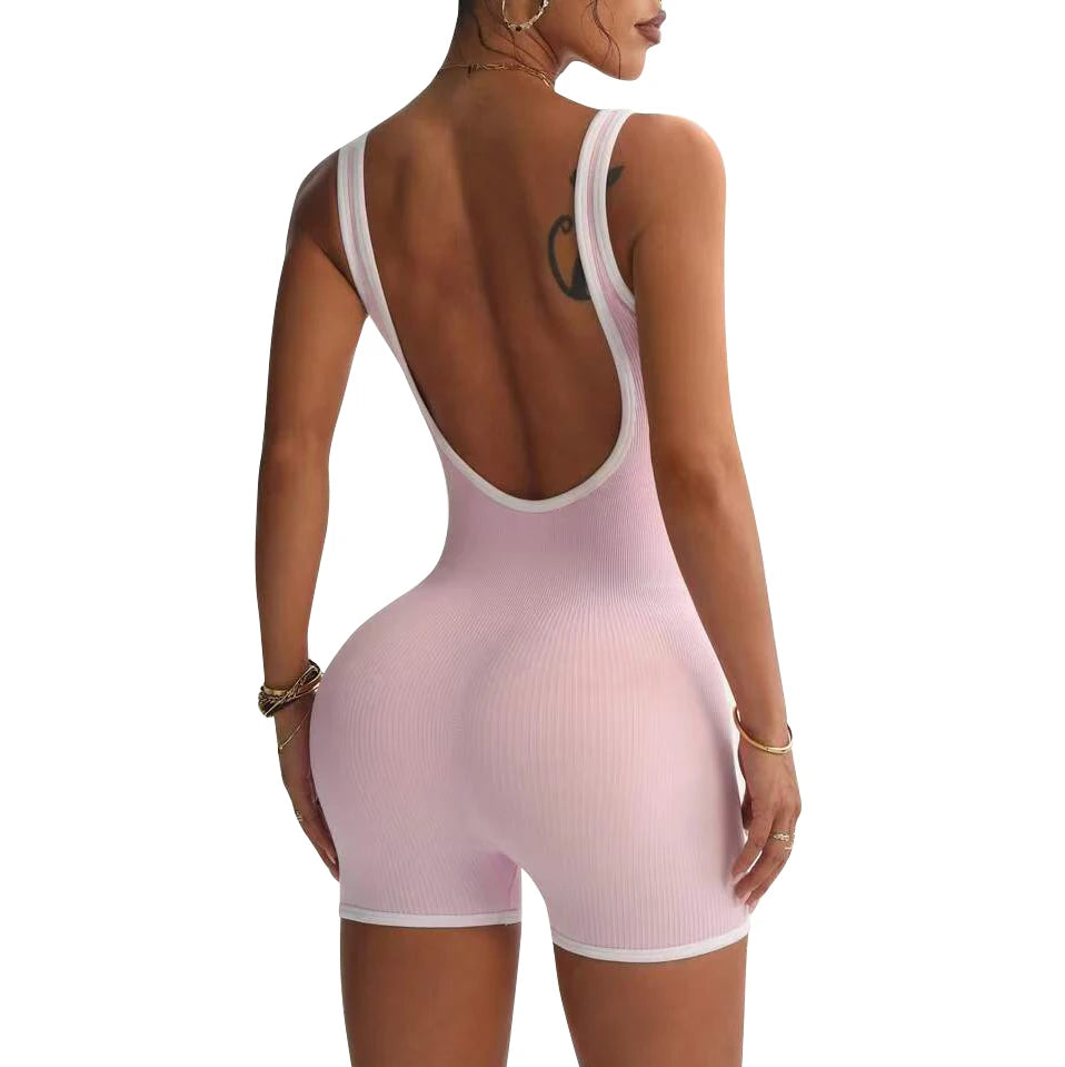 Women's Sports Bodysuit Compression Stretchy V Back Square Neck Dance Romper with Color Contrast Padded Seamless Design