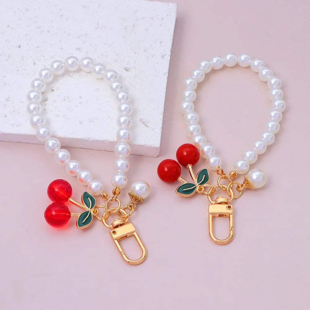 Cherry Pearl Wristlet Keychain Sweet Fruit Cherry Pearl Key Chains Pearl Jewelry Bag Pendant Women Keyring Cherry Charm Keychain