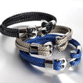 AN-001 Punk Jewelry Stainless Steel Black Grey Blue Genuine Leather Anchor Bracelet Vintage Woven Mens Leather Rope Bracelet