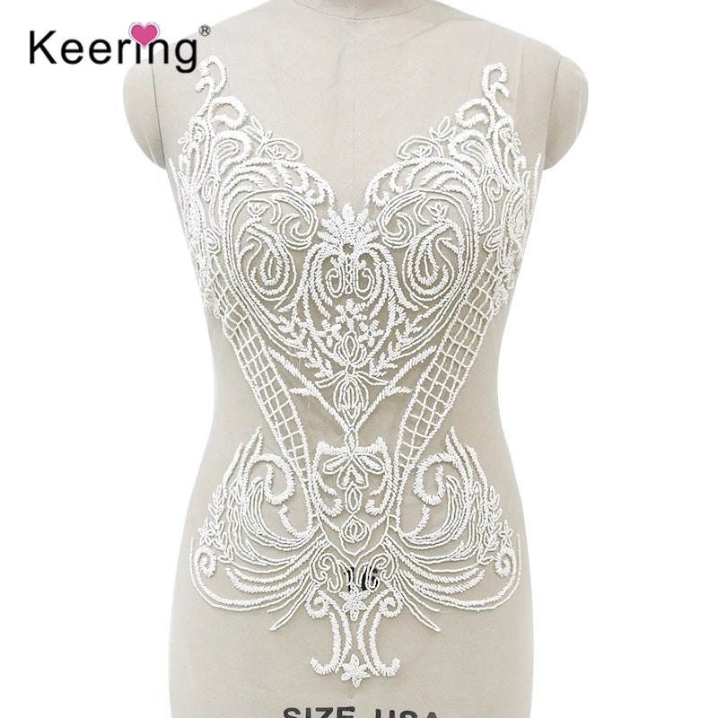 White Sew on Fleur De Lis Embroidered Rhinestone Applique for Wedding Dress WDP-280