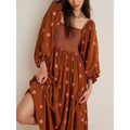 Bohemian Summer Beachwear Dresses Bodycon Lantern Sleeve Square Neck Tiered Flowy Dress Women's Flower Embroidered Long Dress