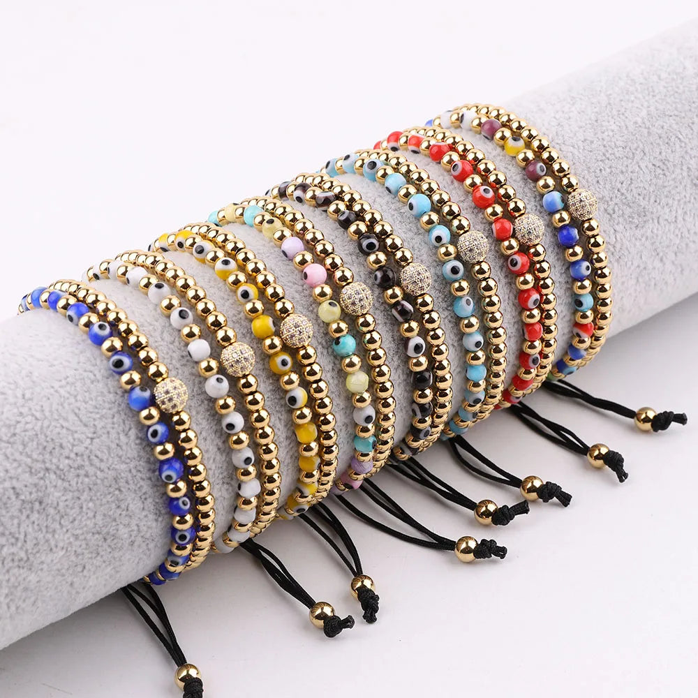 New Design 4mm Glass Evil Eye Beads Gold Plated Stainless Steel Beaded Braided Macrame Bracelet JBS12603