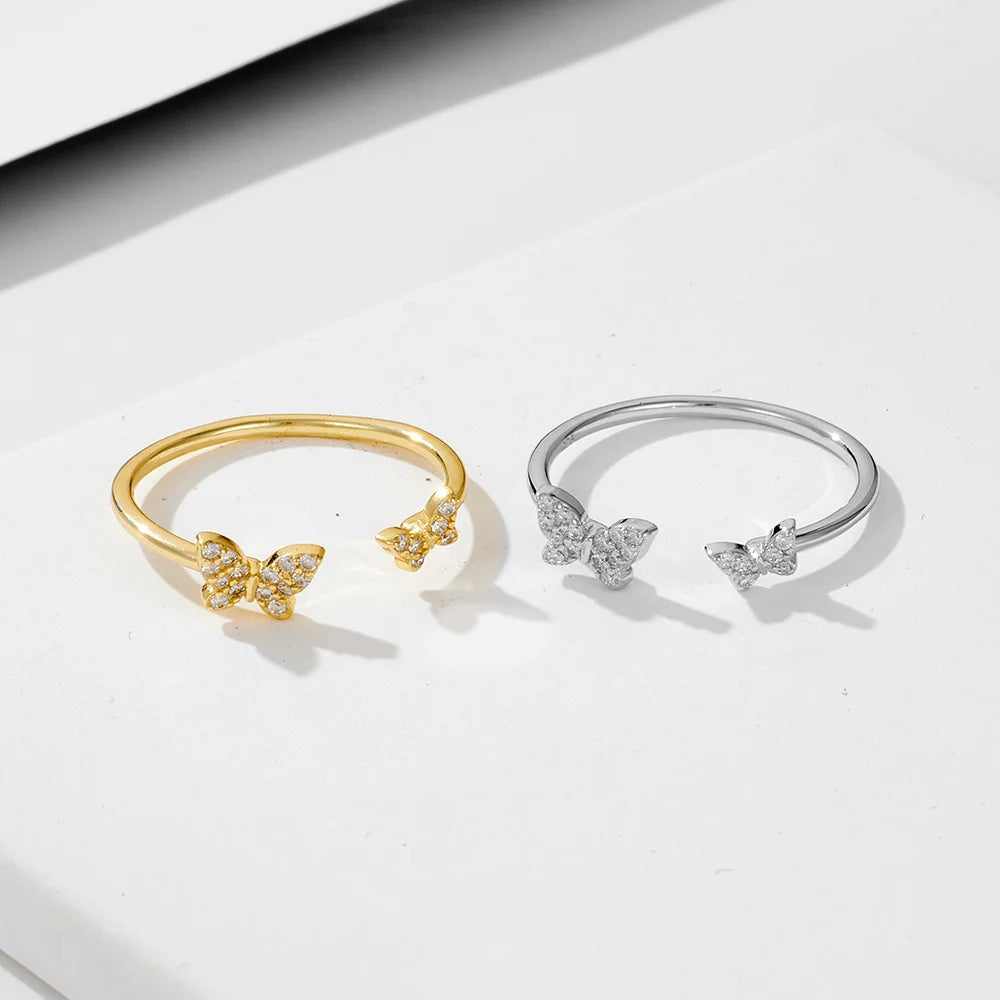 Fashion Gold Plated 925 Sterling Silver Butterfly Opening Adjustable Ring for Women Wedding Party
