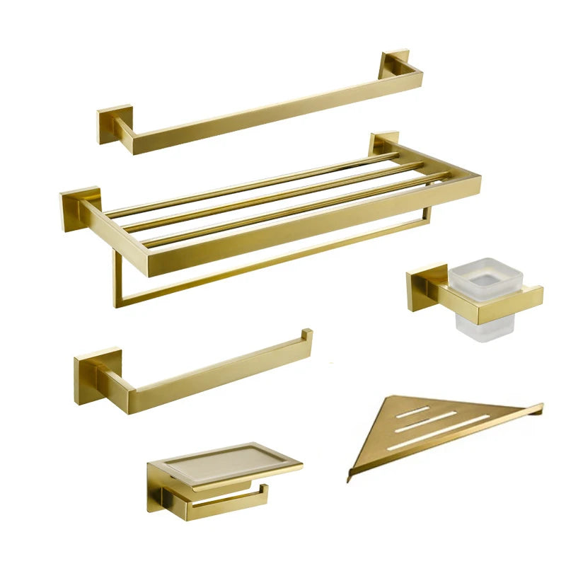 6-Piece Stainless Steel Bathroom Accessories Set Brush Gold Finish Includes Shelf Towel Rack Chrome Square Bath for Home Use