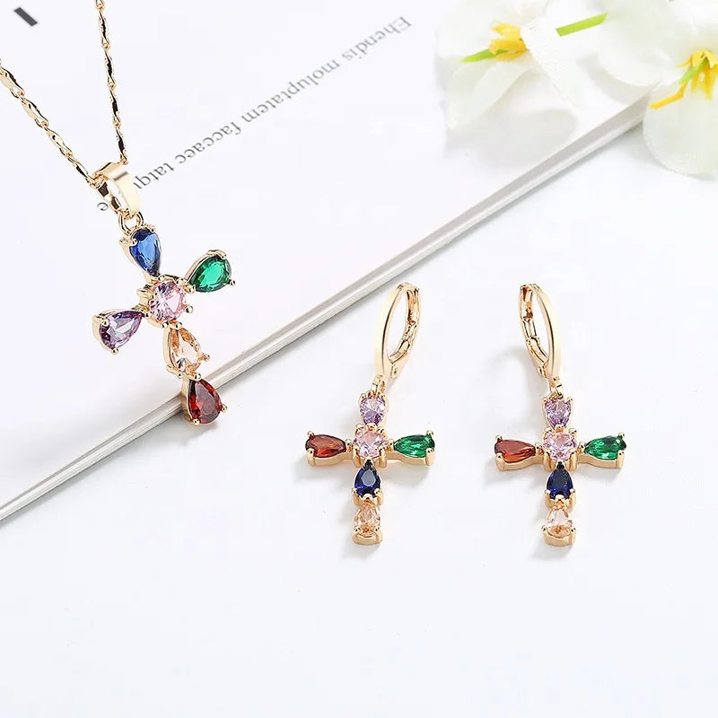 Fashion 18k Gold Plated Brass Religion Jewelry for Women Cross Western Catholic Prayer Necklace and Earring Sets