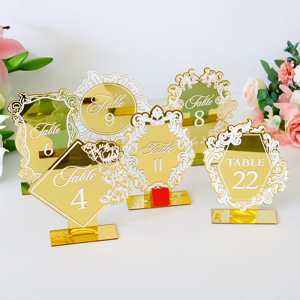 Luxury Custom White Foiled Floral Shaped Gold Mirror Acrylic Table Numbers for Wedding Banquet Hotel Bar Meun