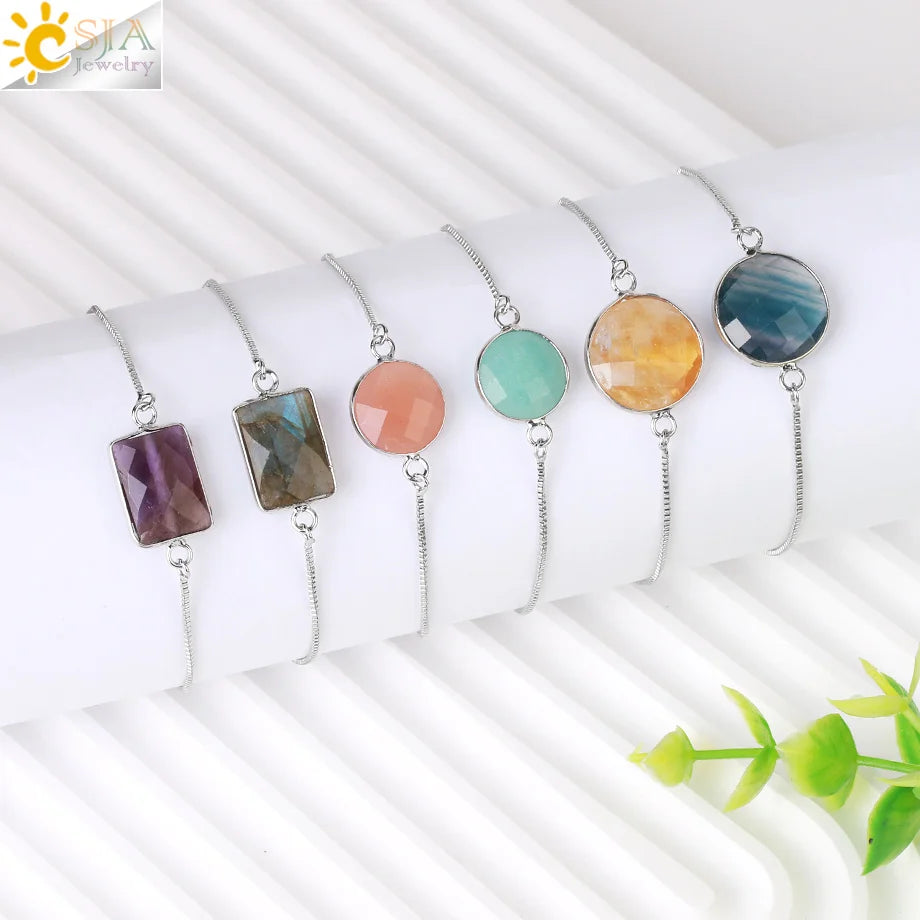 CSJA Wholesale Fashion Adjustable Steel Water Drop Natural Energy Healing Crystal Stone Charm Bracelet for Girl Gifts H077