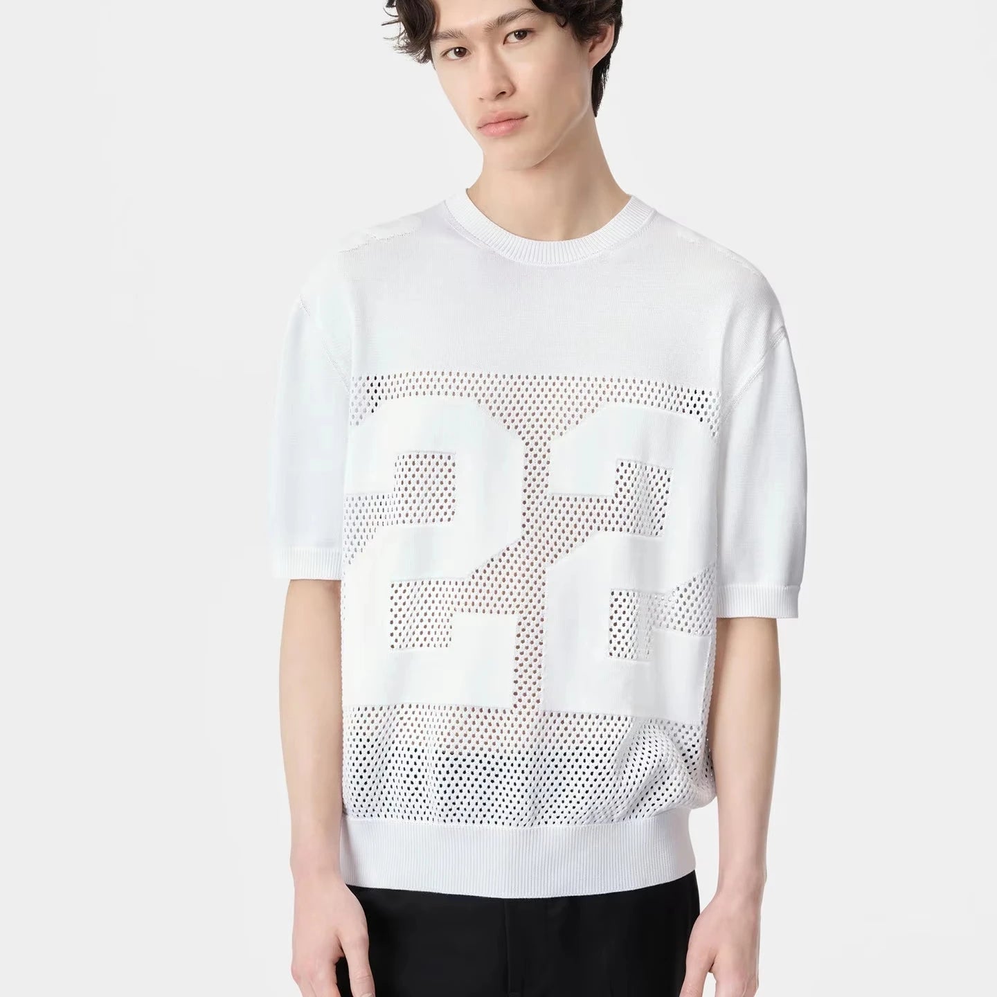Custom Design Logo Summer Short Sleeve Men 100% Cotton Mesh Hollow Out Pullover Jersey T-shirt Crochet Shirt Knitwear
