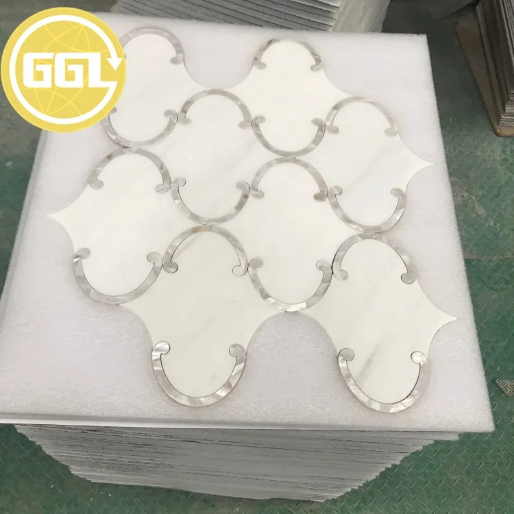 Lantern/Arabesque Pattern East White Marble and Shell Inlay Waterjet Mosaic Tiles
