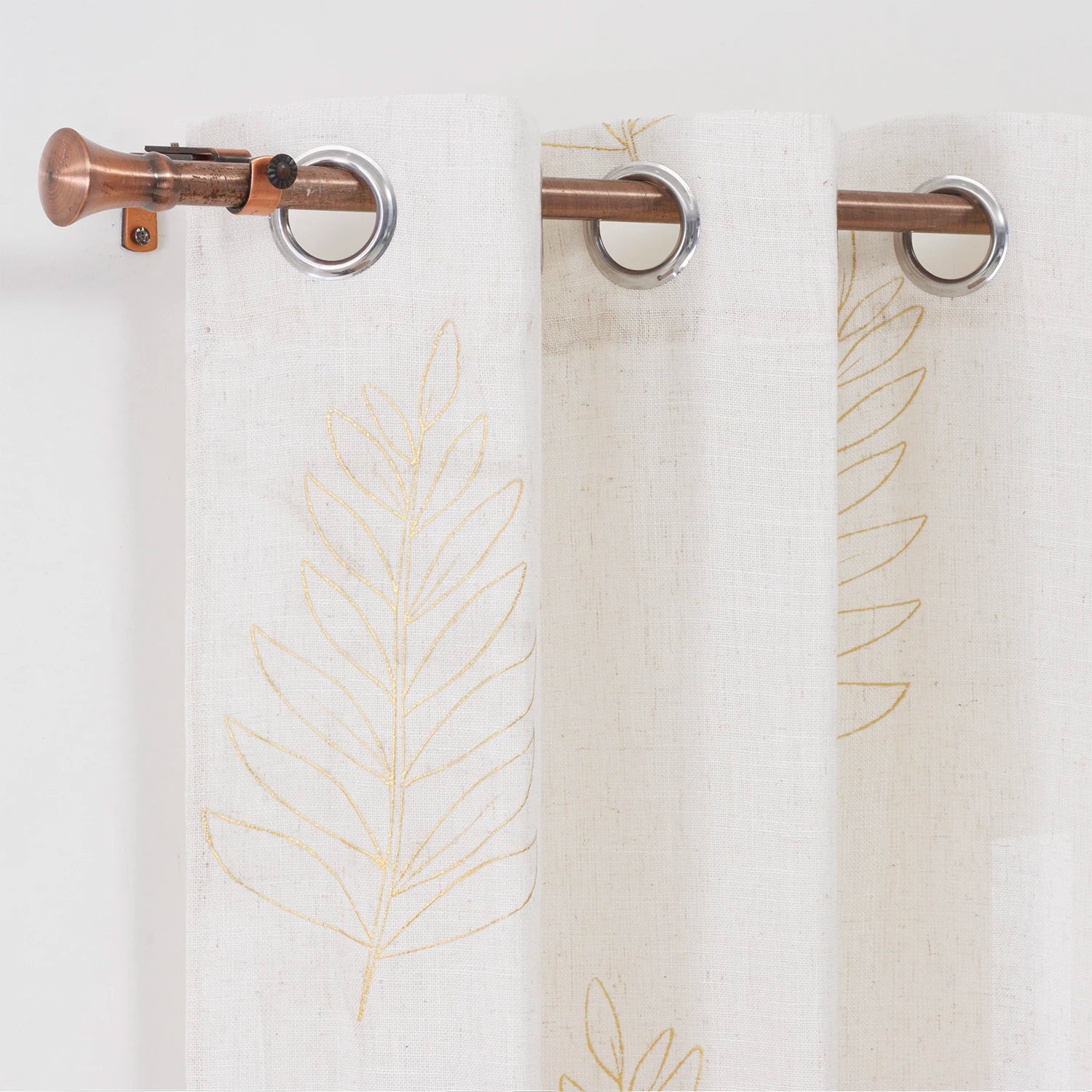 Fancy Home Window Decor Leaves Pattern Faux Linen Golden Foil Printing Semi Sheer Tulle Curtains Drapes for Living Room