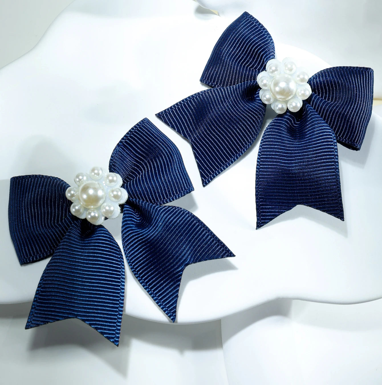 CN 2Pcs Solid Navy Grosgrain Ribbon Pearl Hair Bow Short Tail Hair Clip 2.3inch Fashion for Girls Sailor Style Hair Accessories