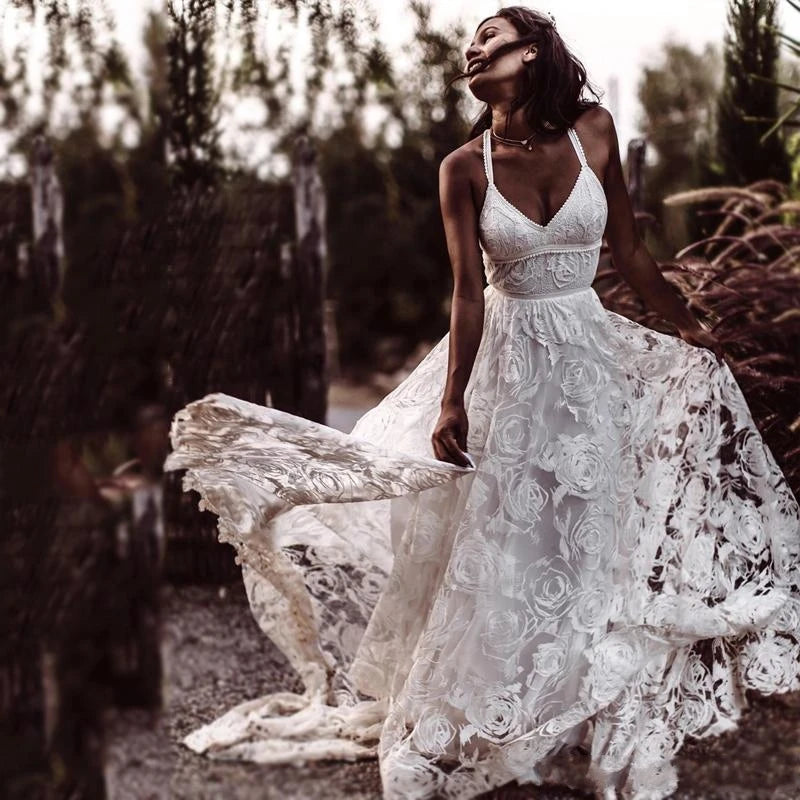 13705#Classic Boho Chic V-Neck A-Line Sleeveless Sexy Criss-Cross Beach Sweep Train Lace Slit Bohemian Wedding Dress Bridal Gown