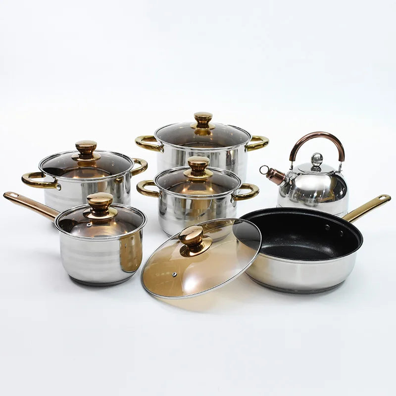 Luxury Gold Stainless Steel 12-Piece Contemporary Design Eco-Friendly Cookware Set with Glass Cover Gas & Induction Ready
