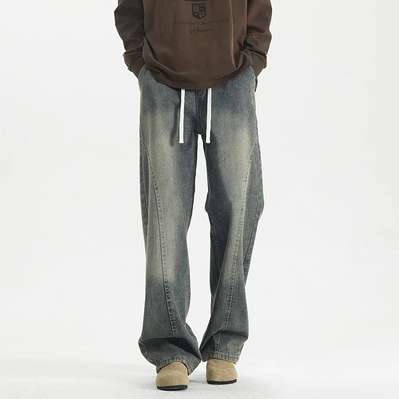 Autumn New Men's Casual Pants Retro American Style Scimitar Jeans Pendant Waxed Denim Mid Waist Loose Straight Wide Leg Medium