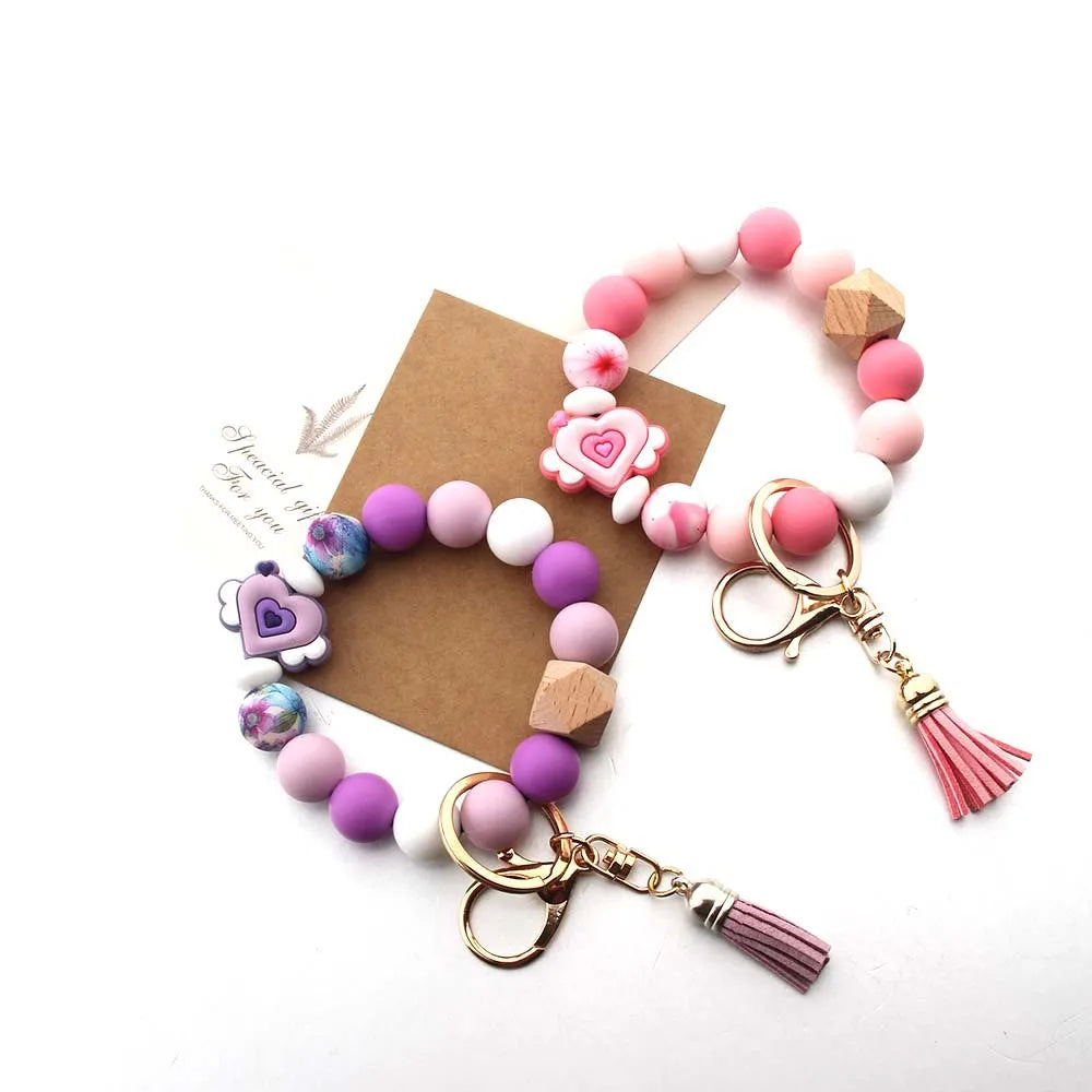 Customized Heart Silicone Bead Wristlet Bracelet Keychain for Women Gift