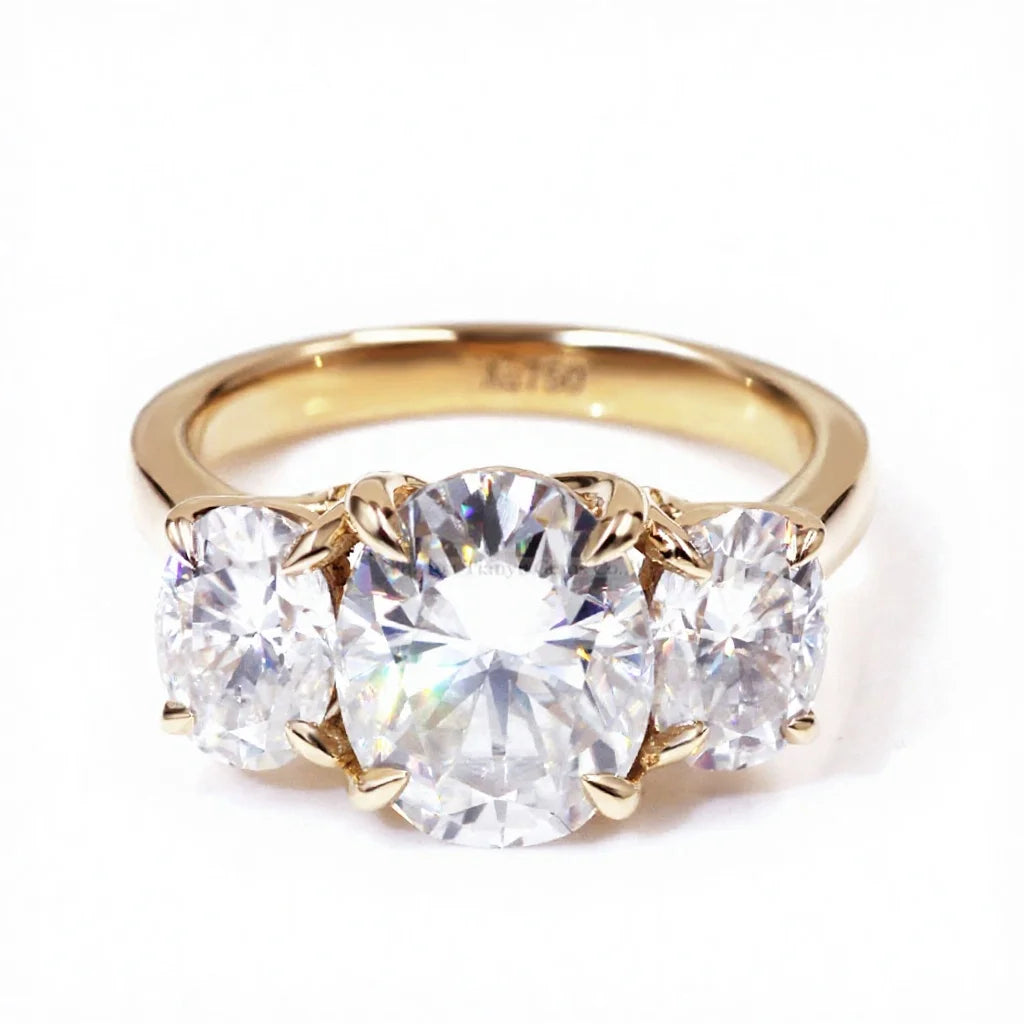 Tianyu Gems 14k/18K Solid Yellow Gold Three Stone Ring 8*10mm Oval Heart&arrow Cut Colorless Moissanite  Engagement Lady Ring