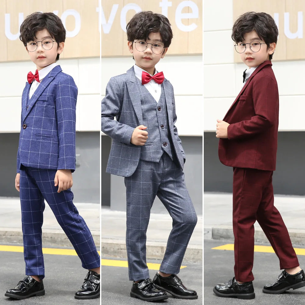 (Jacket Vest Pants Tie 4Pcs )Flower Boys Formal Blazer Suit Kids Wedding Tuxedo Set Children Prom Costume Performance Dress