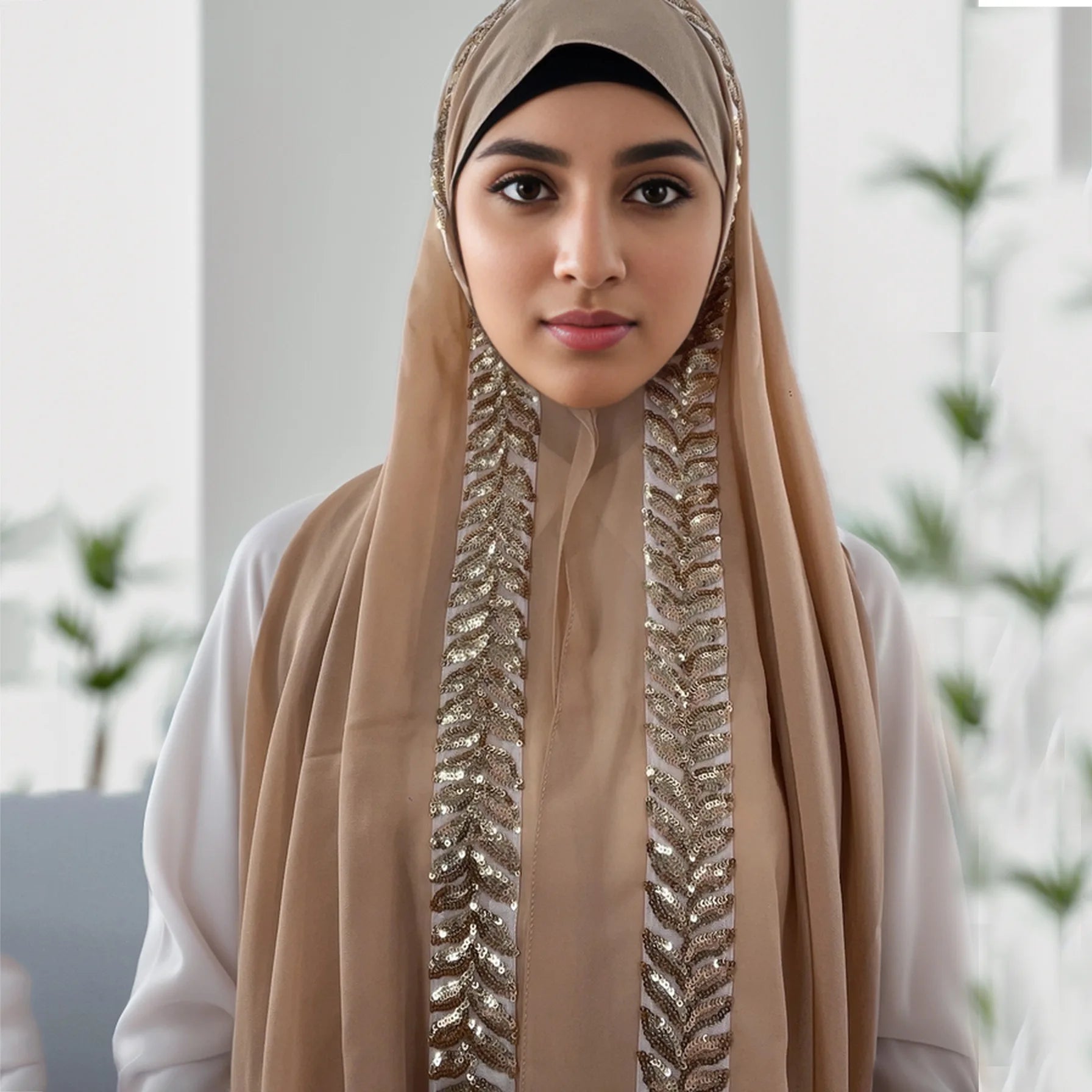Luxury Premium Headscarf and Hijab Scarf Pearl Chiffon with Leaf Sequin Premium Quality Product