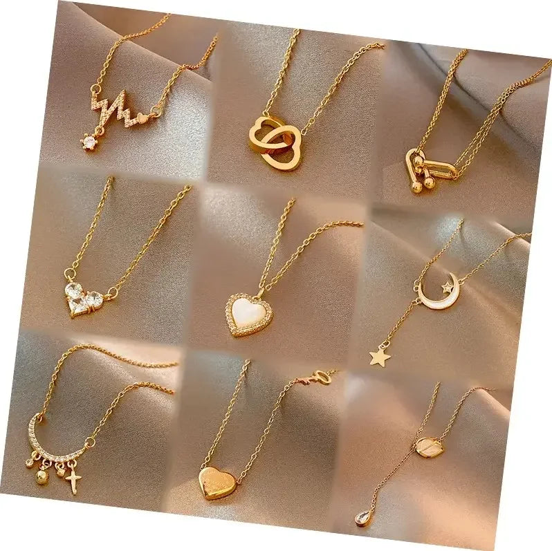 Korean Fashion Stainless Steel Heart Pendant Necklace Gold Plated Zircon Star Moon Stainless Steel Necklaces Jewelry for Women