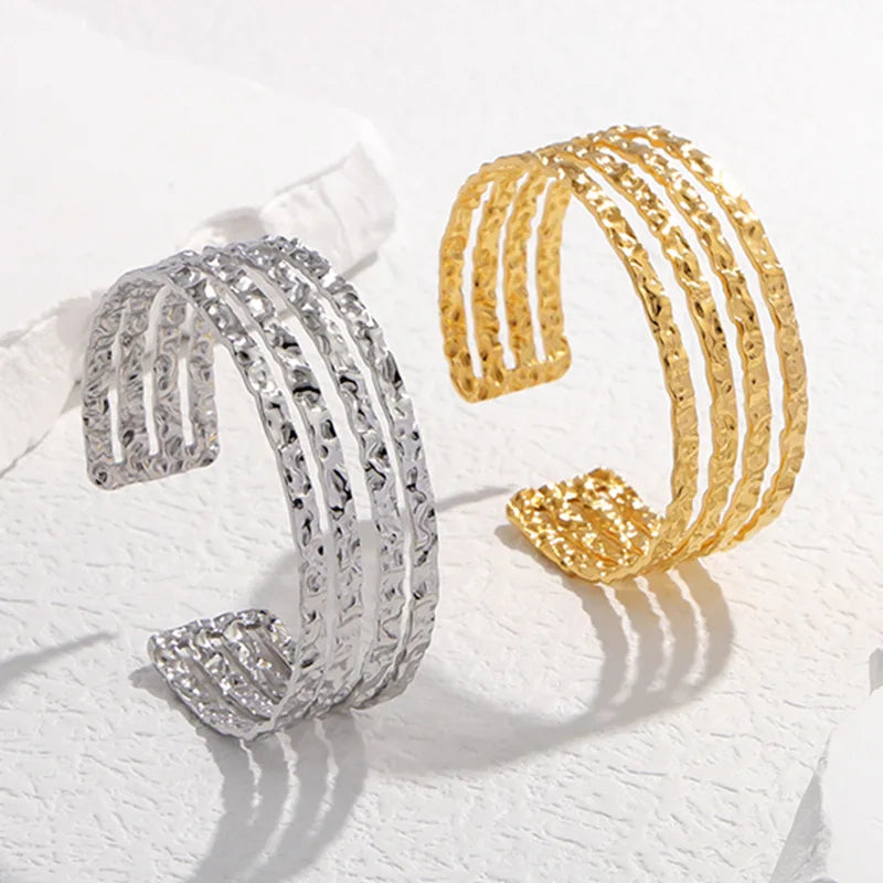 HOVANCI 18K Gold Plated Stainless Steel Chunky Bangles Bracelet Wide Layer Texture Statement Open Bangle