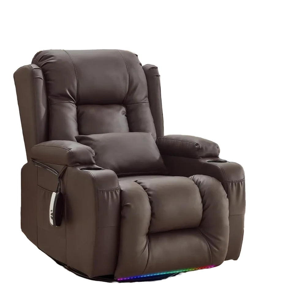 GlasFlength Modern Single Seat Recliner Black Faux Leather Massage Heating Electric Upholstered Chair including Cup Holders USB