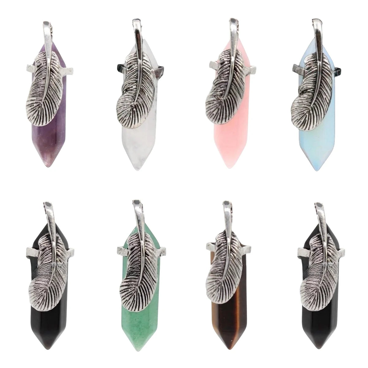Vintage Retro Copper Feather Natural Crystal Healing Stones Hexagonal Column Pendant Christian Style Gemstone Jewelry Charms