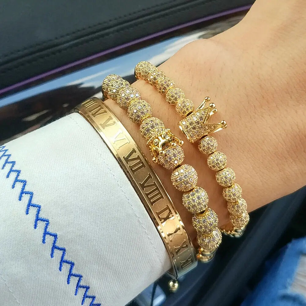 Luxury Men Cubic Zirconia Queen & King Crown Bracelet Roman Numerals Bangle for Men Jewelry Set