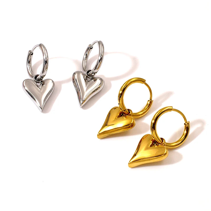 Stainless Steel Fashion Jewelry Wholesale Minimalist  Tarnish-Free 18K Gold Plated Heart Charms Drop Earrings for Woman