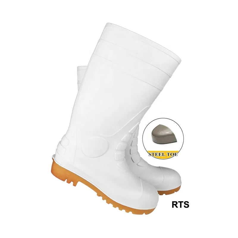 Steel Toe White PVC Safety Gumboots Factory Direct Sale Rain Boots Milk Food Hygiene Anti-static Waterproof Lightweight Footwear