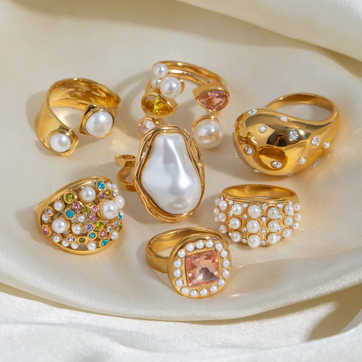 New Summer Fashion Ring Water Proof 18k Gold Stainless Steel Inlaid Pearl Fashion Rings Jewelry Women Wedding Ring