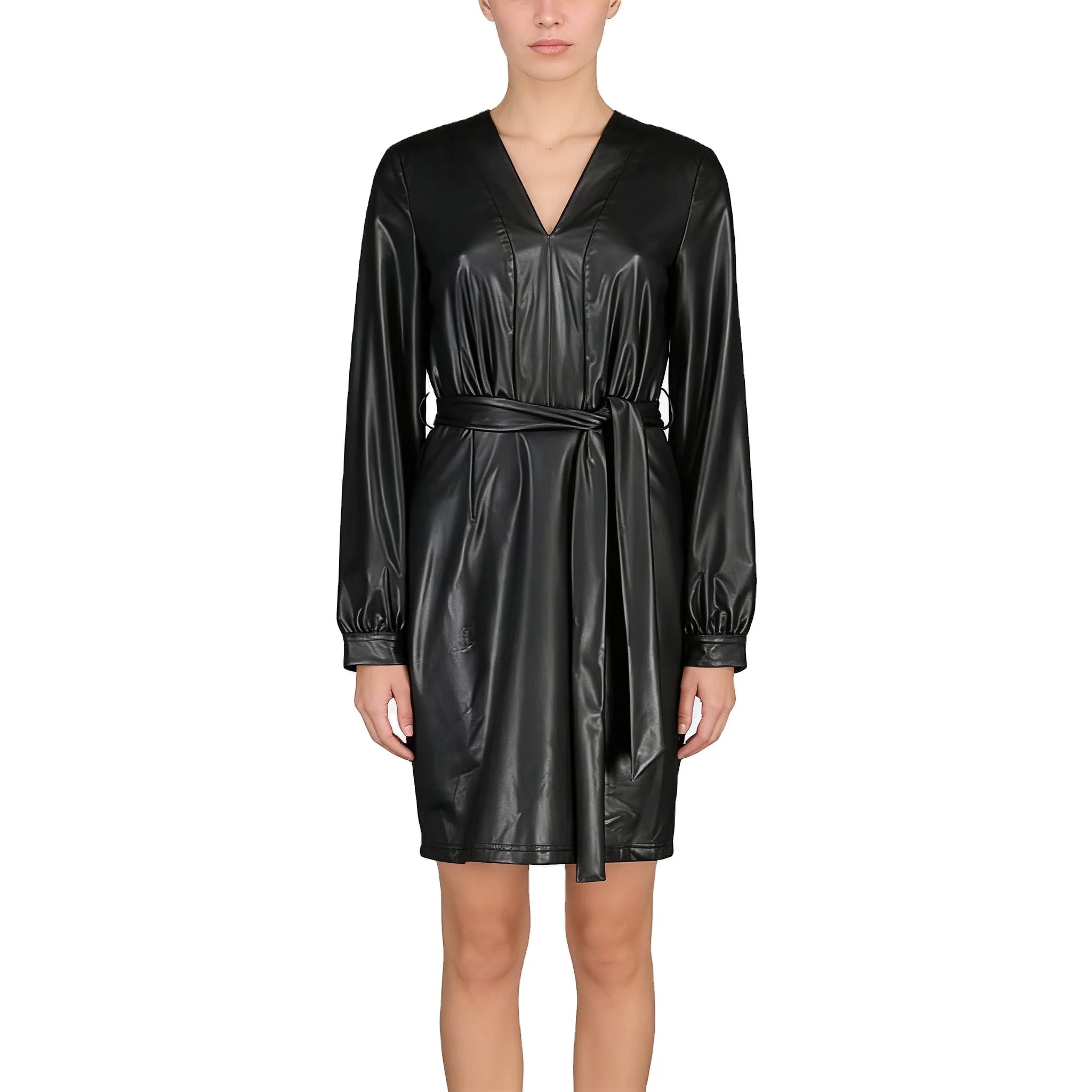 Custom Women's Modern Straight Silhouette Black Long Sleeve Faux-Leather Shirt Dress Classic Leather Winter Dress Tiered