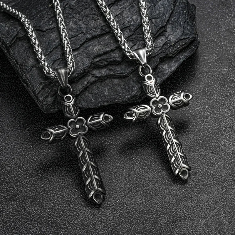 Vintage Viking Flower Cross Pendant Necklace for Men Women Stainless Steel Fashion Carving Necklaces Punk Biker Amulet Jewelry