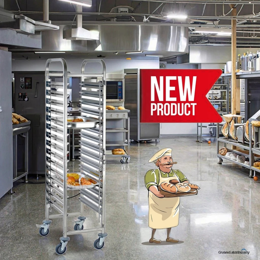 Stainless Steel SS201 Polished Finish Heavy-Duty 380x550x1700mm GN Pan Racking Trolley with 4 Casters Bakery Tray Rack