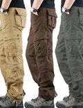 Men's Casual Cotton Cargo Pants Large Size Mid Waist Work Style Autumn Breathable Windproof Multi-Pockets Zipper Fly Straight